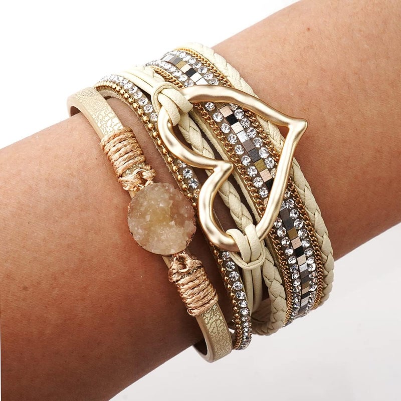 Suyi Multilayer Leather Wrap Bracelet Heart-Shape Wide Cuff Bracelets for Women - Image 3